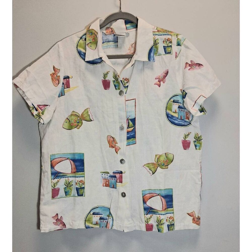 Hot cotton usa womens large linen shirt art wear white green fishes nature top - Picture 5 of 9
